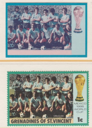 St Vincent - Grenadines 1986 World Cup Football 1c Uruguay Team - imperf Cromalin die proof (plastic card) in magenta & cyan only (plus issued stamp)rare proof item from the Format International archives. Cromalin proofs are an es……Details Below
