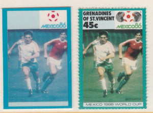 St Vincent - Grenadines 1986 World Cup Football 45c Bulgaria - imperf Cromalin die proof (plastic card) in magenta & cyan only (plus issued stamp)rare proof item from the Format International archives. Cromalin proofs are an essen……Details Below