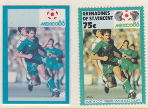 St Vincent - Grenadines 1986 World Cup Football 75c Iraq - imperf Cromalin die proof (plastic card) in magenta & cyan only (plus issued stamp)rare proof item from the Format International archives. Cromalin proofs are an essential……Details Below