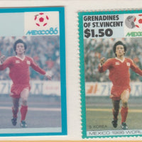 St Vincent - Grenadines 1986 World Cup Football $1.50 S Korea - imperf Cromalin die proof (plastic card) in magenta & cyan only (plus issued stamp)rare proof item from the Format International archives. Cromalin proofs are an esse……Details Below
