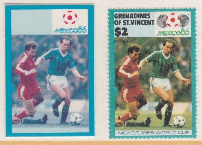 St Vincent - Grenadines 1986 World Cup Football $2 Northern Ireland - imperf Cromalin die proof (plastic card) in magenta & cyan only (plus issued stamp)rare proof item from the Format International archives. Cromalin proofs are a……Details Below