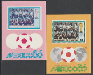 St Vincent - Grenadines 1986 World Cup Football $3.00 m/sheet (Uruguay Team) imperf Cromalin die proof (plastic card) in magenta & cyan only (plus issued m/sheet) ex Format International archives. Cromalin proofs are an essential ……Details Below