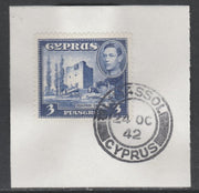 Cyprus 1938-51 KG6 Kolossi Castle 3pi ultramarine,SG 156a on piece with full strike of Madame Joseph forged postmark type 137