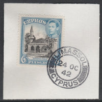 Cyprus 1938-51 KG6 Bayraktar Mosque 6pi black & blue SG 158 on piece with full strike of Madame Joseph forged postmark type 137