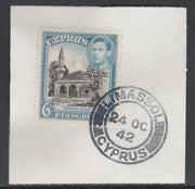 Cyprus 1938-51 KG6 Bayraktar Mosque 6pi black & blue SG 158 on piece with full strike of Madame Joseph forged postmark type 137