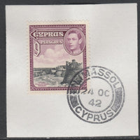 Cyprus 1938-51 KG6 Othello's Tower 9pi black & purple SG 159 on piece with full strike of Madame Joseph forged postmark type 137