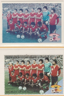 St Vincent - Union Island 1986 World Cup Football 1c Morocco Team - imperf Cromalin die proof (plastic card) in magenta & cyan only (plus issued stamp)rare proof item from the Format International archives. Cromalin proofs are an ……Details Below