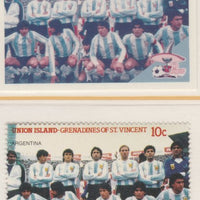 St Vincent - Union Island 1986 World Cup Football 10c Argentina Team - imperf Cromalin die proof (plastic card) in magenta & cyan only (plus issued stamp)rare proof item from the Format International archives. Cromalin proofs are ……Details Below