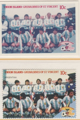 St Vincent - Union Island 1986 World Cup Football 10c Argentina Team - imperf Cromalin die proof (plastic card) in magenta & cyan only (plus issued stamp)rare proof item from the Format International archives. Cromalin proofs are ……Details Below