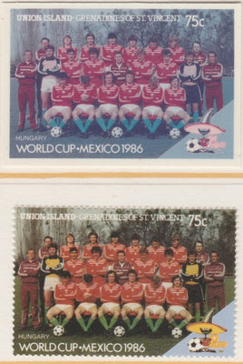 St Vincent - Union Island 1986 World Cup Football 75c Hungary Team - imperf Cromalin die proof (plastic card) in magenta & cyan only (plus issued stamp)rare proof item from the Format International archives. Cromalin proofs are an……Details Below