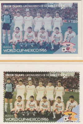 St Vincent - Union Island 1986 World Cup Football $1 Russia Team - imperf Cromalin die proof (plastic card) in magenta & cyan only (plus issued stamp)rare proof item from the Format International archives. Cromalin proofs are an e……Details Below