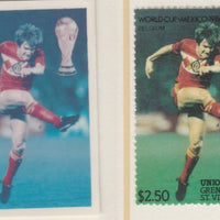 St Vincent - Union Island 1986 World Cup Football $2.50 Belgium - imperf Cromalin die proof (plastic card) in magenta & cyan only (plus issued stamp)rare proof item from the Format International archives. Cromalin proofs are an es……Details Below