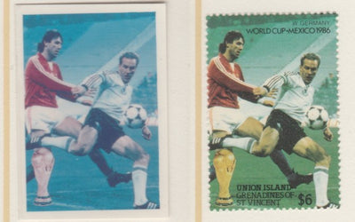 St Vincent - Union Island 1986 World Cup Football $6 West Germany - imperf Cromalin die proof (plastic card) in magenta & cyan only (plus issued stamp)rare proof item from the Format International archives. Cromalin proofs are an ……Details Below