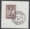 Nigeria 1936 KG5 Pictorial 6d dull violet, SG 40 on piece with full strike of Madame Joseph forged postmark type 302