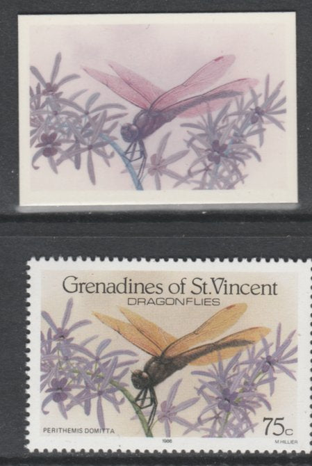 St Vincent - Grenadines 1986 Dragonflies 75c (SG 492) - imperf Cromalin die proof (plastic card) in magenta & cyan only plus issued stamp, a rare proof item from the Format International archives. Cromalin proofs are an essential ……Details Below