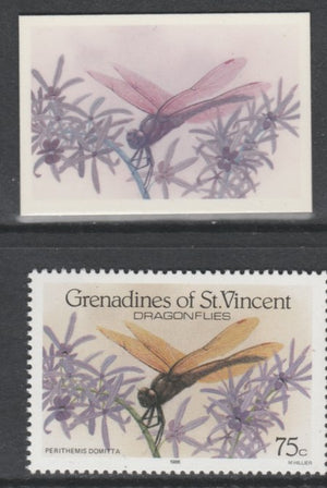 St Vincent - Grenadines 1986 Dragonflies 75c (SG 492) - imperf Cromalin die proof (plastic card) in magenta & cyan only plus issued stamp, a rare proof item from the Format International archives. Cromalin proofs are an essential ……Details Below