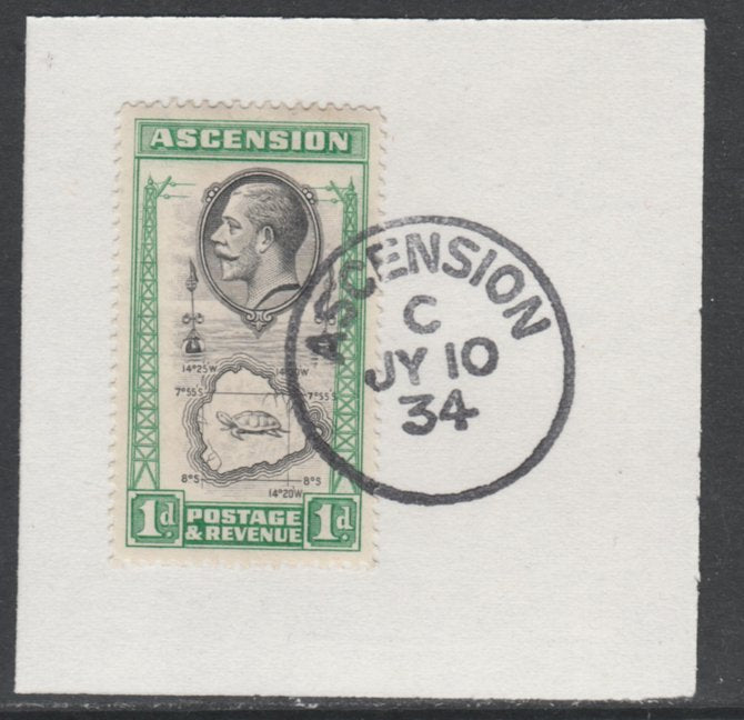 Ascension 1934 KG5 Pictorial 1d Map SG 22 on piece with full strike of Madame Joseph forged postmark type 21
