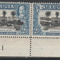 St Lucia 1936 KG5 Pictorial 2.5d black & blue marginal pair with Plate number 1 unmounted mint, SG 117