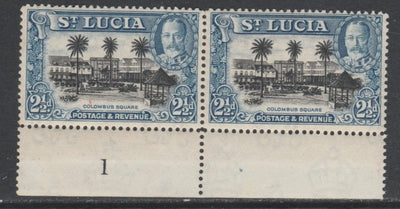 St Lucia 1936 KG5 Pictorial 2.5d black & blue marginal pair with Plate number 1 unmounted mint, SG 117