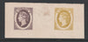 Dominica 1870 Bogus Die Proofs in violet & ochre imperf on thin card produced by the Boston Gang, similar to the piece illustrated in Toeg's handbook on pages 27-28, a copy of which is included