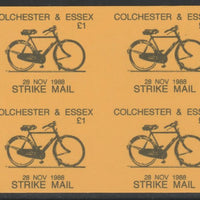 Cinderella - Great Britain 1988 Colchester & Essex £1 Strike Mail label black on yellow showing Bicycle and dated 28 Nov 1988 imperf proof block of 4 on ungummed paper