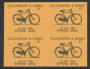 Cinderella - Great Britain 1988 Colchester & Essex £1 Strike Mail label black on yellow showing Bicycle and dated 28 Nov 1988 imperf proof block of 4 on ungummed paper