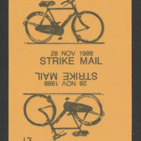 Cinderella - Great Britain 1988 Colchester & Essex £1 Strike Mail label black on yellow showing Bicycle and dated 28 Nov 1988 imperf tete-beche proof pair on ungummed paper