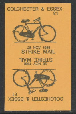 Cinderella - Great Britain 1988 Colchester & Essex £1 Strike Mail label black on yellow showing Bicycle and dated 28 Nov 1988 imperf tete-beche proof pair on ungummed paper