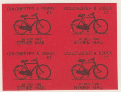 Cinderella - Great Britain 1988 Colchester & Essex £1 Strike Mail label black on red showing Bicycle and dated 28 Nov 1988 imperf proof block of 4 on ungummed paper
