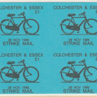 Cinderella - Great Britain 1988 Colchester & Essex £1 Strike Mail label black on blue showing Bicycle and dated 28 Nov 1988 imperf proof block of 4 on ungummed paper