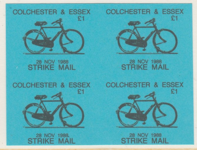 Cinderella - Great Britain 1988 Colchester & Essex £1 Strike Mail label black on blue showing Bicycle and dated 28 Nov 1988 imperf proof block of 4 on ungummed paper