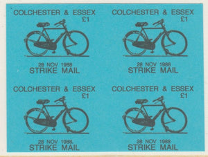 Cinderella - Great Britain 1988 Colchester & Essex £1 Strike Mail label black on blue showing Bicycle and dated 28 Nov 1988 imperf proof block of 4 on ungummed paper