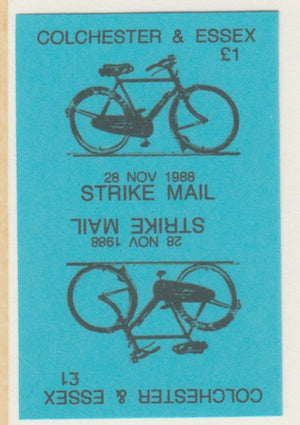 Cinderella - Great Britain 1988 Colchester & Essex £1 Strike Mail label black on blue showing Bicycle and dated 28 Nov 1988 imperf tete-beche proof pair on ungummed paper