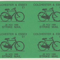 Cinderella - Great Britain 1988 Colchester & Essex £1 Strike Mail label black on green showing Bicycle and dated 28 Nov 1988 imperf proof block of 4 on ungummed paper