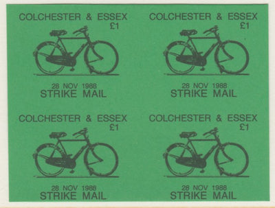 Cinderella - Great Britain 1988 Colchester & Essex £1 Strike Mail label black on green showing Bicycle and dated 28 Nov 1988 imperf proof block of 4 on ungummed paper