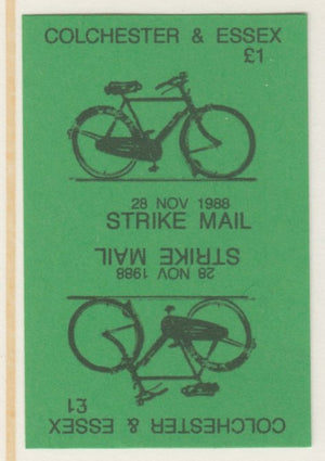 Cinderella - Great Britain 1988 Colchester & Essex £1 Strike Mail label black on green showing Bicycle and dated 28 Nov 1988 imperf tete-beche proof pair on ungummed paper