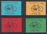 Cinderella - Great Britain 1988 Colchester & Essex £1 Strike Mail - 4 imperf labels in red, blue, yellow & green on ungummed paper, showing Bicycle and dated 28 Nov 1988