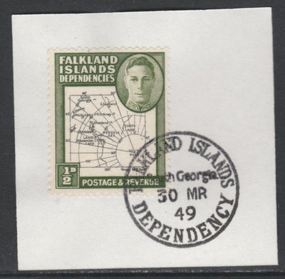 Falkland Islands Dependencies 1946-49 KG6 Thick Maps 1/2d on piece with full strike of Madame Joseph forged postmark type 158, SG G1