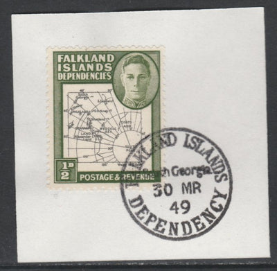 Falkland Islands Dependencies 1946-49 KG6 Thick Maps 1/2d on piece with full strike of Madame Joseph forged postmark type 158, SG G1