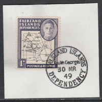 Falkland Islands Dependencies 1946-49 KG6 Thick Maps 1d on piece with full strike of Madame Joseph forged postmark type 158, SG G2