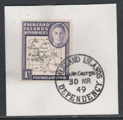 Falkland Islands Dependencies 1946-49 KG6 Thick Maps 1d on piece with full strike of Madame Joseph forged postmark type 158, SG G2