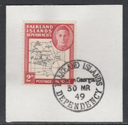 Falkland Islands Dependencies 1946-49 KG6 Thick Maps 2d on piece with full strike of Madame Joseph forged postmark type 158, SG G3