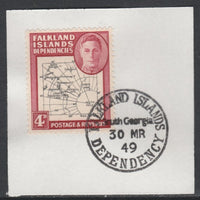 Falkland Islands Dependencies 1946-49 KG6 Thick Maps 4d on piece with full strike of Madame Joseph forged postmark type 158, SG G5