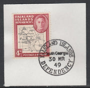 Falkland Islands Dependencies 1946-49 KG6 Thick Maps 4d on piece with full strike of Madame Joseph forged postmark type 158, SG G5