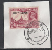 Burma 1945 Mily Admin opt on Royal Barge 2a6p claret SG 42 on piece with full strike of Madame Joseph forged postmark type 106