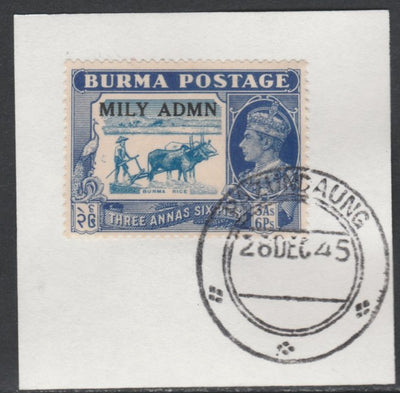 Burma 1945 Mily Admin opt on Burma Rice 3a6p light blue & blue SG 44 on piece with full strike of Madame Joseph forged postmark type 106