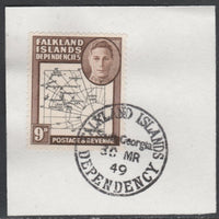 Falkland Islands Dependencies 1946-49 KG6 Thick Maps 9d on piece with full strike of Madame Joseph forged postmark type 158, SG G7