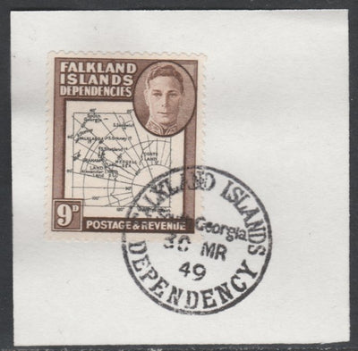 Falkland Islands Dependencies 1946-49 KG6 Thick Maps 9d on piece with full strike of Madame Joseph forged postmark type 158, SG G7