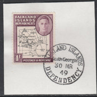 Falkland Islands Dependencies 1946-49 KG6 Thick Maps 1s on piece with full strike of Madame Joseph forged postmark type 158, SG G8