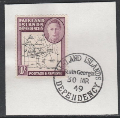 Falkland Islands Dependencies 1946-49 KG6 Thick Maps 1s on piece with full strike of Madame Joseph forged postmark type 158, SG G8